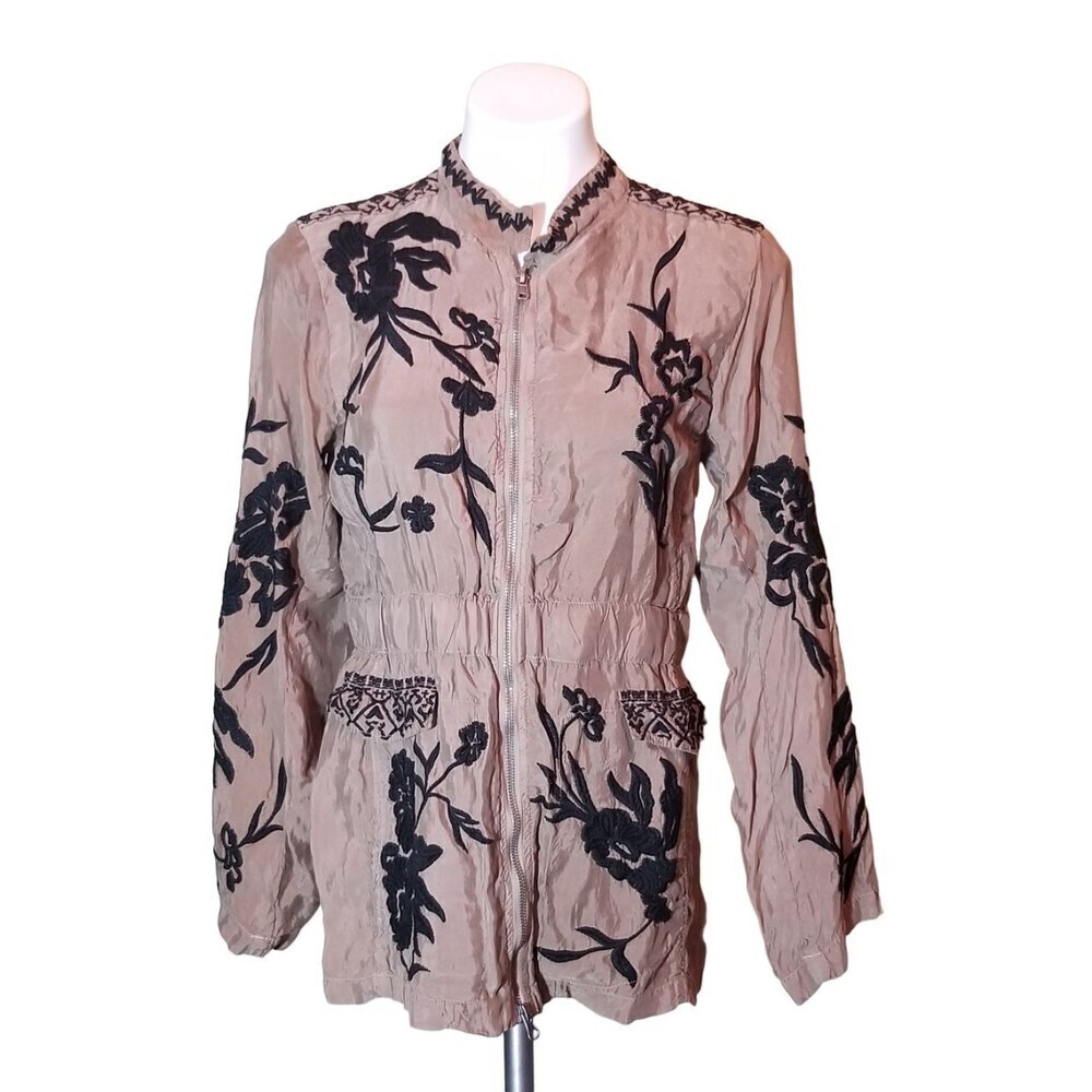 Johnny Was Crawford Cupra Black Floral Embroidered Zip Jacket Brown Size Small